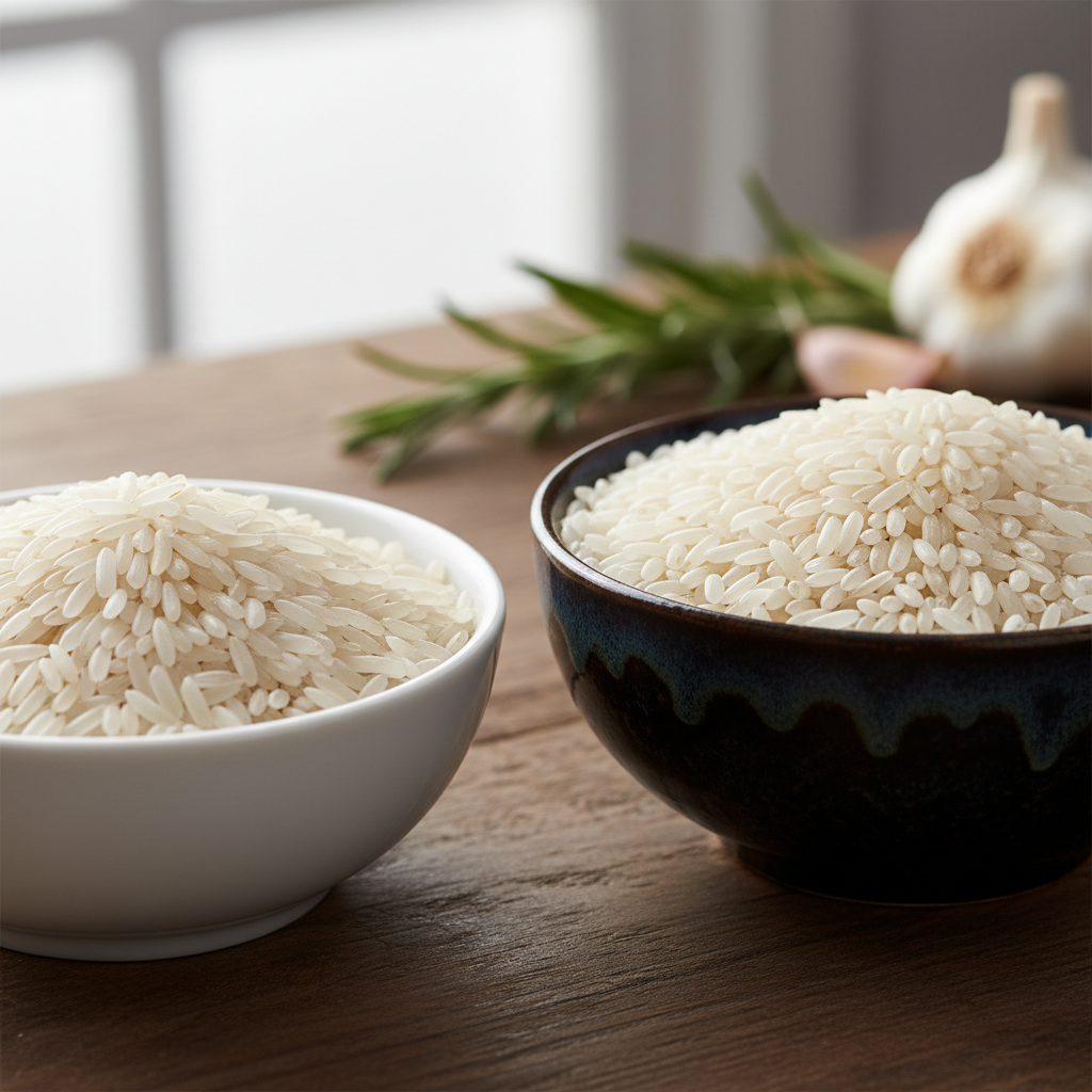 Close-up comparando os grãos de arroz comum e risoto em duas tigelas separadas sobre uma bancada de madeira.