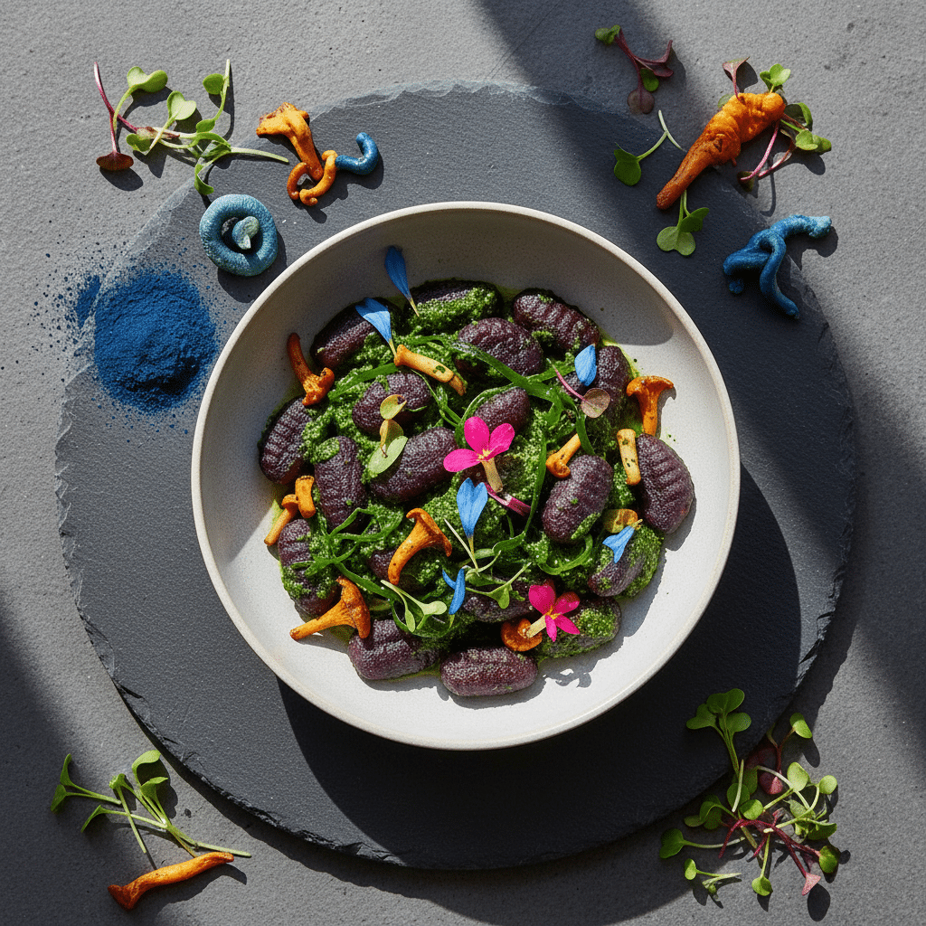 Um prato gourmet com uma das receitas plant-based 2026, exibindo nhoque roxo, pesto verde vibrante e cogumelos exóticos em uma mesa moderna.