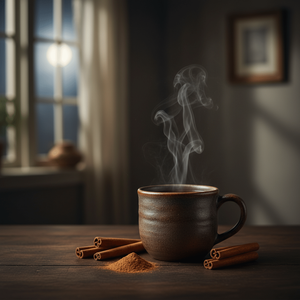Xícara de chá fumegante com paus de canela ao lado, ilustrando o uso do tempero queima gordura em uma rotina noturna para emagrecimento.