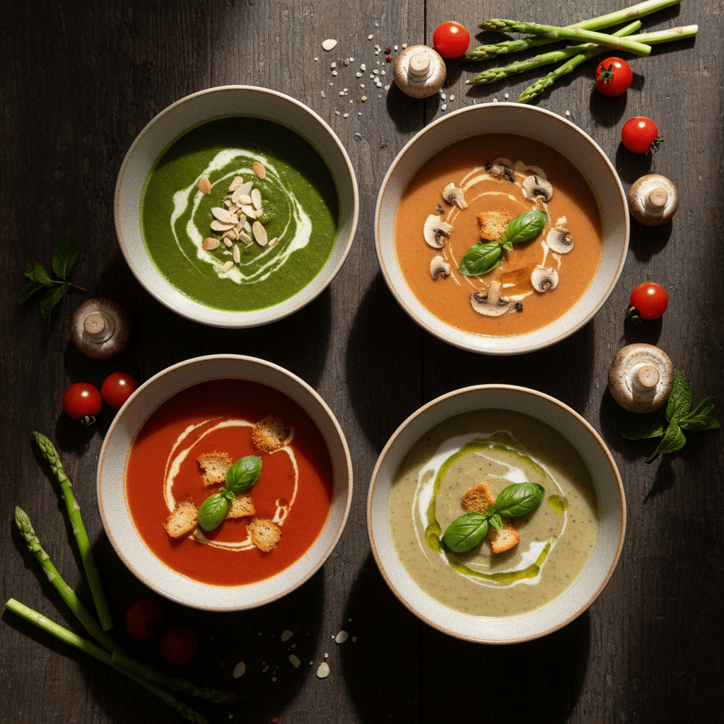 Cinco tigelas de sopas gourmet fáceis dispostas em uma mesa de madeira, incluindo sopa de tomate, aspargos e cogumelos, prontas para serem servidas.