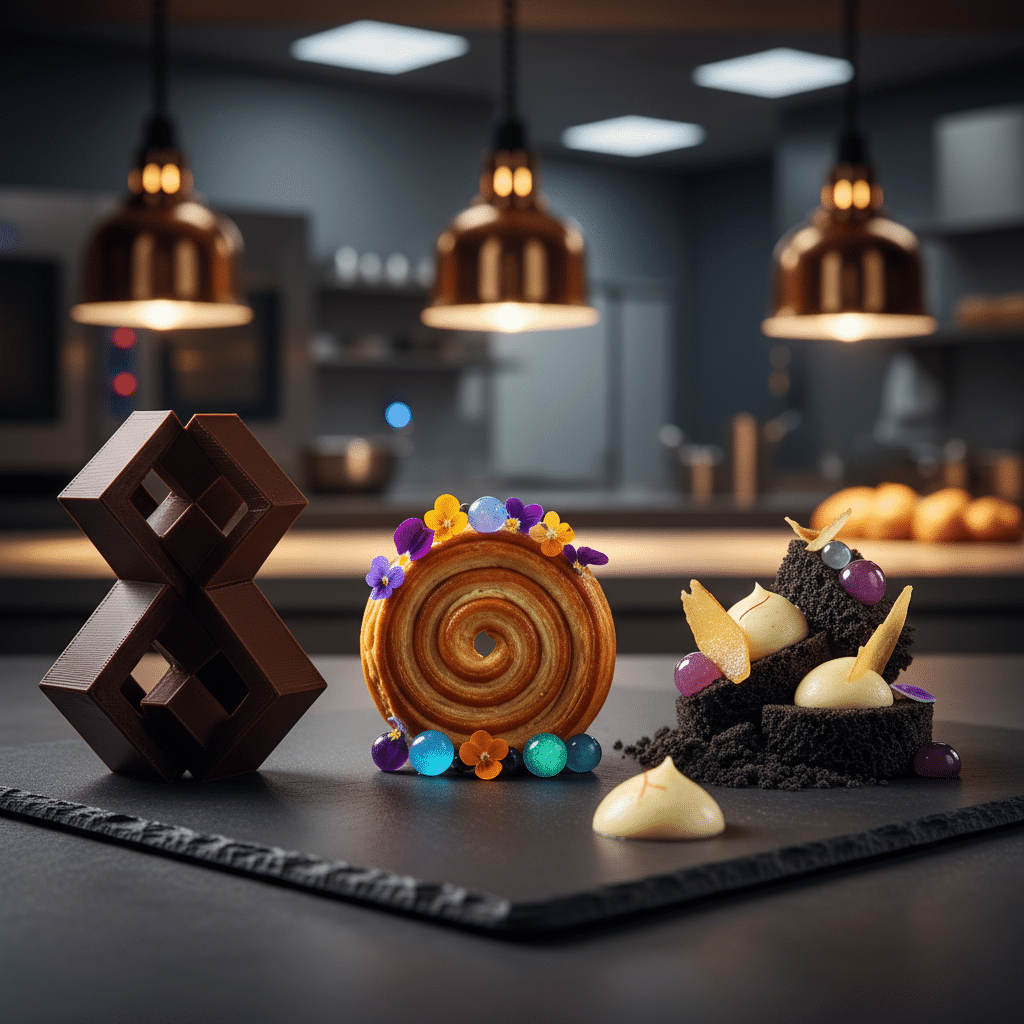 Close-up de três sobremesas representando as tendências da confeitaria gourmet para 2026: uma estrutura de chocolate 3D, um doce com flores e uma torta desconstruída.