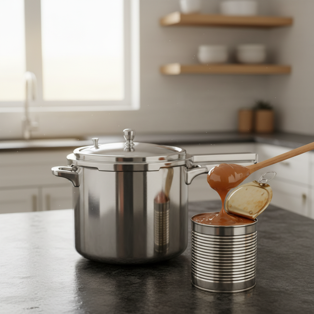 Uma lata aberta revelando um cremoso doce de leite na pressão ao lado de uma colher de madeira e uma panela de pressão de inox.