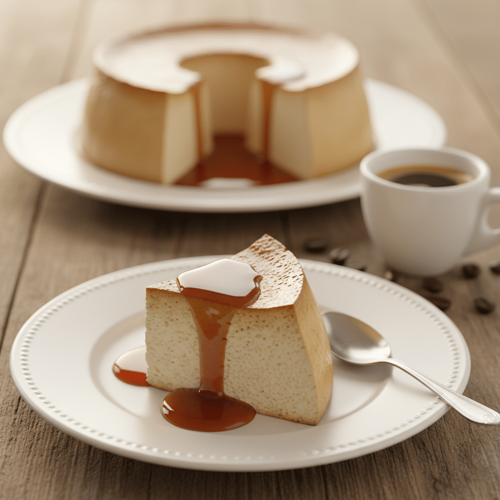 Fatia de um delicioso pudim de café cremoso com calda de caramelo brilhante servido em um prato elegante.