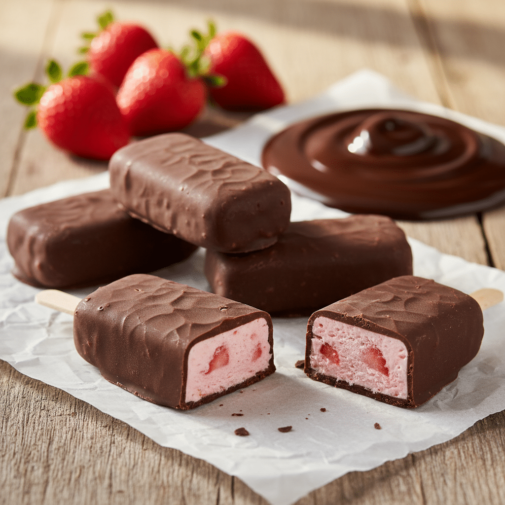 Bombons de Eskibon de Morango caseiros com casquinha de chocolate crocante e recheio cremoso de morango dispostos sobre papel manteiga.
