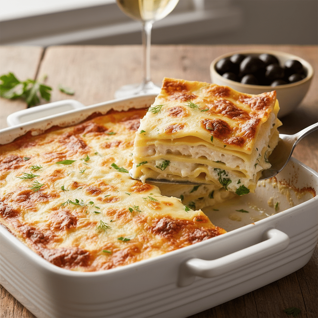 Uma travessa de lasanha de bacalhau cremosa saindo do forno com queijo gratinado e fatiada para servir