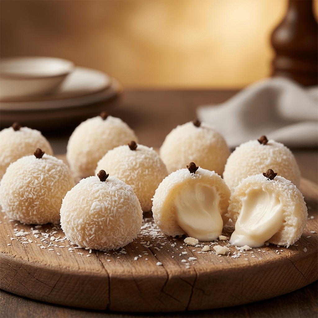 Beijinhos de coco super cremosos em um prato, destacando a textura suave obtida ao adicionar creme de leite no beijinho.